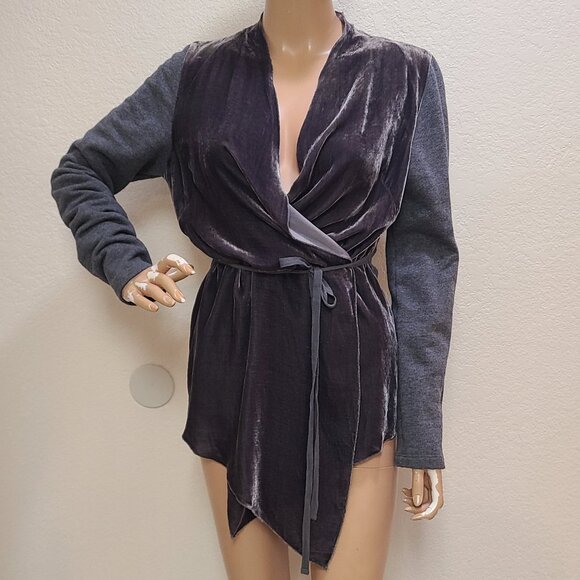 4 LOVE AND LIBERTY JOHNNY WAS VELVET & KNIT WRAP CARDIGAN SWEATER TIE WAIST sz S - Picture 1 of 6